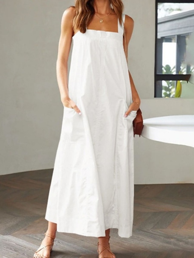 Women's Casual Dress Cotton Linen Dress Maxi long Dress Bamboo Fashion Modern Outdoor Daily Vacation Square Neck Backless Sleeveless Summer Spring 2023 Regular Fit Black White Yellow Plain S M L XL