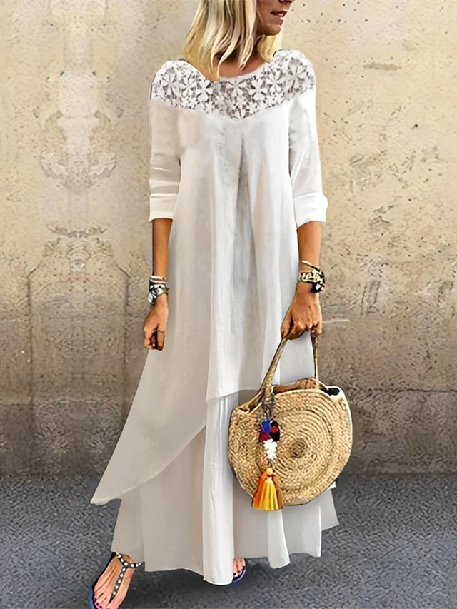 Women's Casual Dress Cotton Linen Dress Tiered Dress Maxi long Dress Cotton Blend Fashion Modern Outdoor Daily Vacation Crew Neck Lace Patchwork Half Sleeve Summer Spring Fall 2023 Loose Fit White