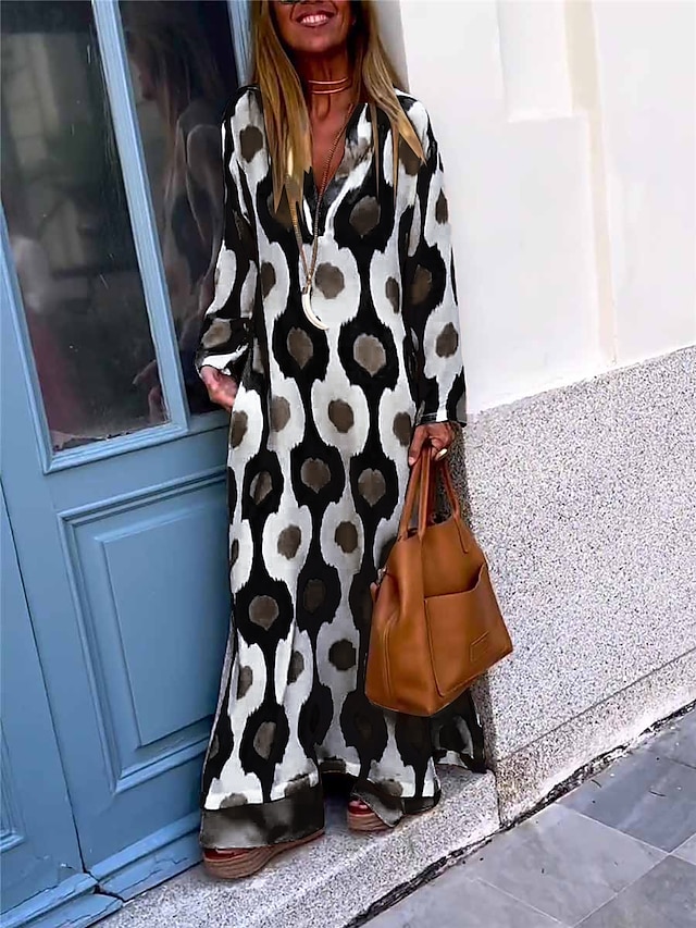 Women's Long Dress Maxi Dress Casual Dress Print Dress SpringDress Geometric Fashion Streetwear Outdoor Daily Date Split Print Long Sleeve V Neck Dress Regular Fit Black Red Green Summer Spring S M