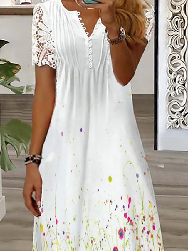 Women's Long Dress Maxi Dress A Line Dress Print Dress Floral Fashion Romantic Holiday Vacation Beach Lace Ruched Short Sleeve V Neck Dress Regular Fit White Summer Spring S M L XL XXL