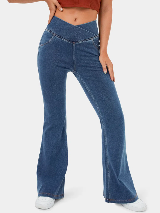 High Waisted Crossover Pocket Washed Stretchy Knit Denim Casual Super Flare Pants