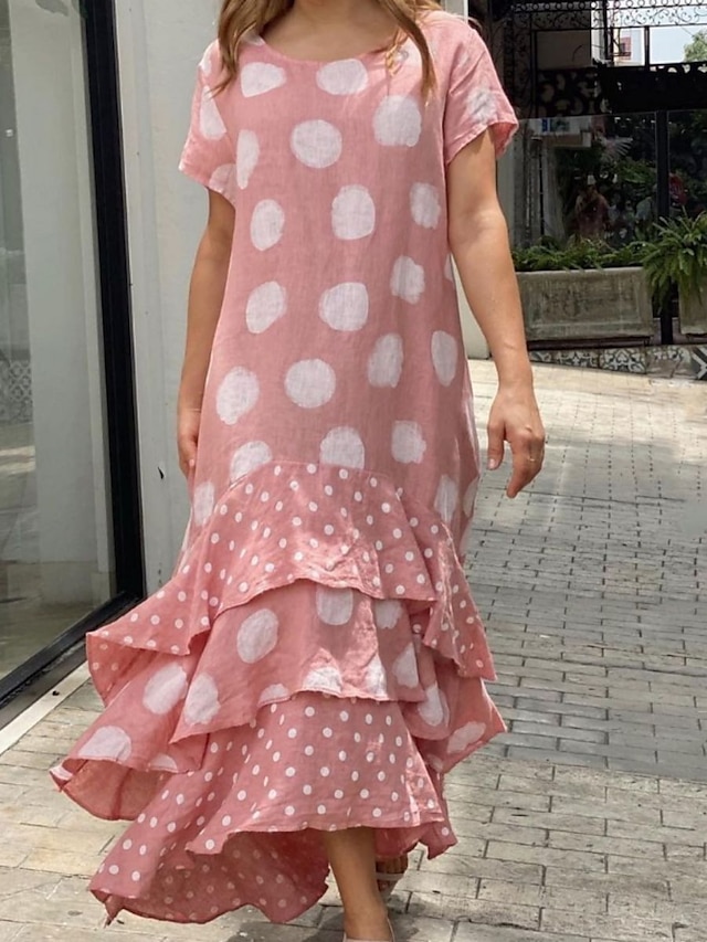 Women's Long Dress Maxi Dress Swing Dress Summer Dress PolkaDotDress Polka Dot Fashion Modern Daily Holiday Date Layered Print Short Sleeve Crew Neck Dress Regular Fit White Yellow Pink Summer