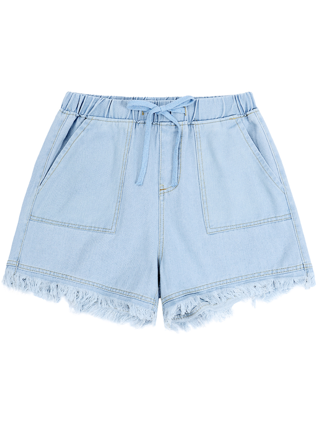 Women's Denim Shorts Frayed Raw Hem Ruffle Drawstring High Waist with Pockects