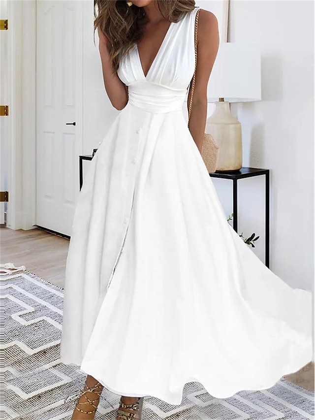 Women's Prom Dress Wedding Guest Dress Party Dress Long Dress Maxi Dress White Sleeveless Pure Color Ruched Summer Spring V Neck Fashion Evening Party Wedding Guest Vacation 2023 S M L XL 2XL 3XL