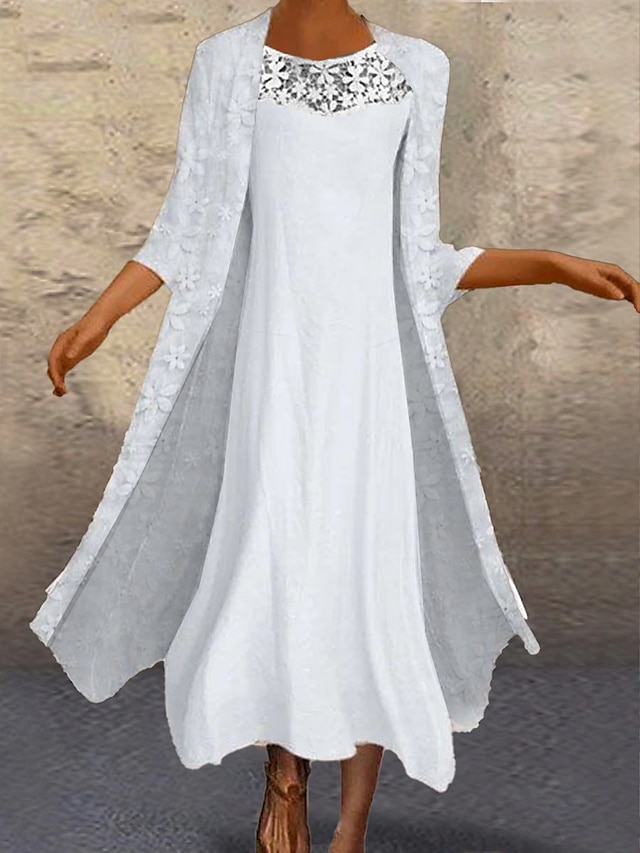 Women's Casual Dress Cotton Linen Dress Dress Set Maxi long Dress Cotton Blend Elegant Modern Outdoor Daily Vacation Crew Neck Lace Patchwork 3/4 Length Sleeve Summer Spring Autumn 2023 Loose Fit