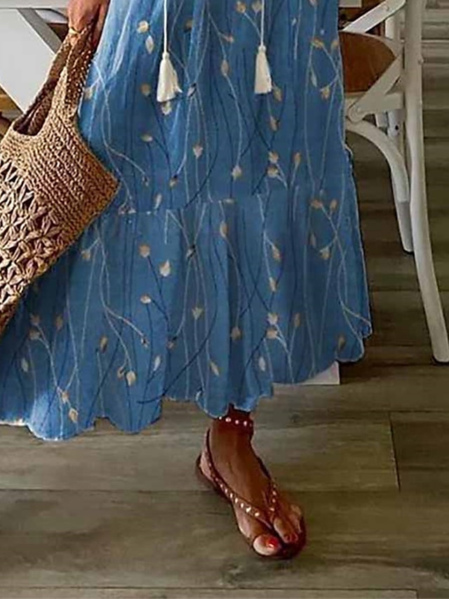 Women's Long Dress Maxi Dress Casual Dress A Line Dress Summer Dress Geometric Fashion Streetwear Outdoor Daily Vacation Tassel Fringe Ruffle Half Sleeve V Neck Dress Loose Fit Blue Summer Spring S M