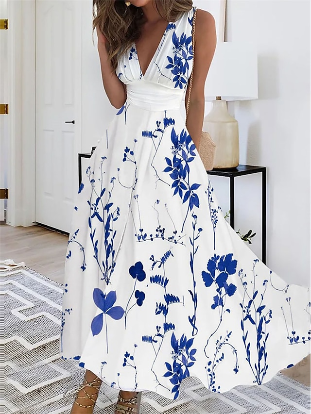 Women's Long Dress Maxi Dress Casual Dress Swing Dress A Line Dress Floral Fashion Streetwear Outdoor Daily Date Print Sleeveless V Neck Dress Regular Fit Blue Summer Spring S M L XL XXL