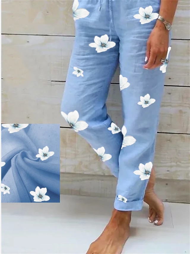 Women's Pants Trousers Faux Linen Blue Fashion Holiday Weekend Side Pockets Full Length Comfort Floral