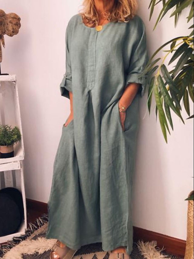 Women's Casual Dress Cotton Linen Dress Shift Dress Maxi long Dress Bamboo Fashion Modern Outdoor Daily Vacation Crew Neck Pocket Long Sleeve Summer Spring Fall 2023 Regular Fit Black Yellow Wine