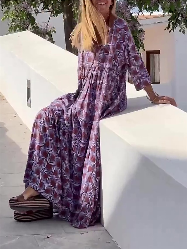 Women's Long Dress Maxi Dress Casual Dress Swing Dress Summer Dress Geometric Fashion Streetwear Outdoor Daily Holiday Print 3/4 Length Sleeve V Neck Dress Loose Fit Purple Summer Spring S M L XL XXL