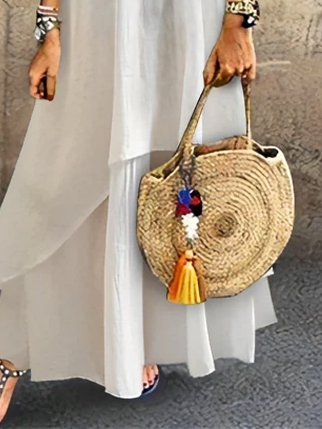 Women's Casual Dress Cotton Linen Dress Tiered Dress Maxi long Dress Cotton Blend Fashion Modern Outdoor Daily Vacation Crew Neck Lace Patchwork Half Sleeve Summer Spring Fall 2023 Loose Fit White