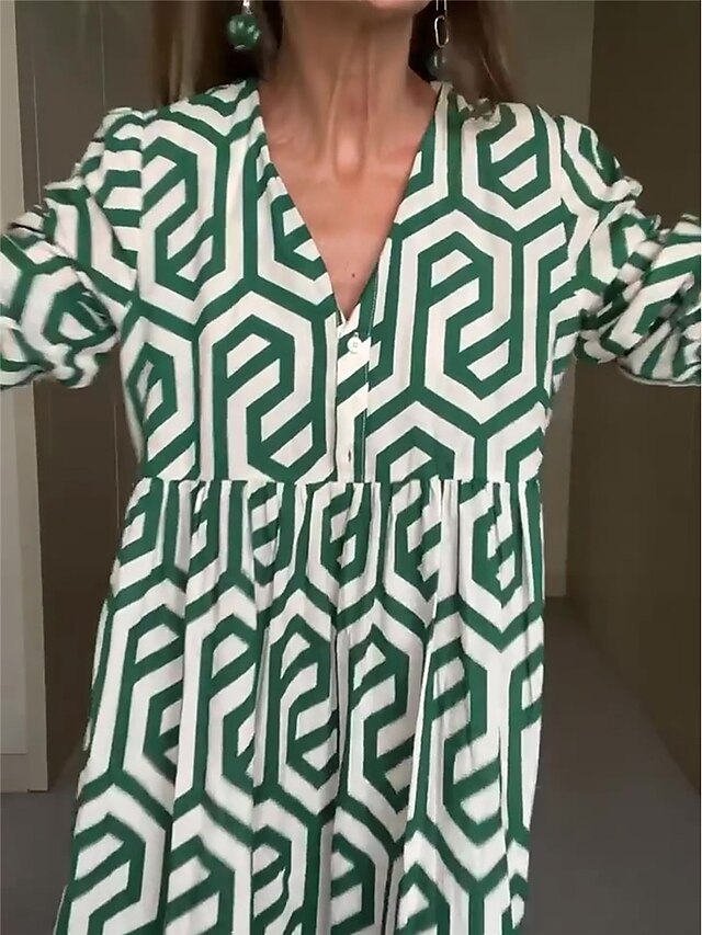 Women's Long Dress Maxi Dress Casual Dress Swing Dress Print Dress Geometry Fashion Modern Outdoor Daily Holiday Print Long Sleeve V Neck Dress Loose Fit Green Summer Spring S M L XL XXL