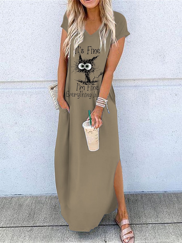 Women's Long Dress Maxi Dress Casual Dress Graphic Letter Classic Casual Home Vacation Weekend Split Short Sleeve V Neck Dress Loose Fit White Yellow Blue Summer S M L XL XXL