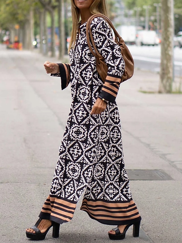 Women's Long Dress Maxi Dress Casual Dress Summer Dress Print Dress Geometric Color Block Tribal Vintage Casual Daily Holiday Date Patchwork Split Long Sleeve V Neck Dress Regular Fit Black