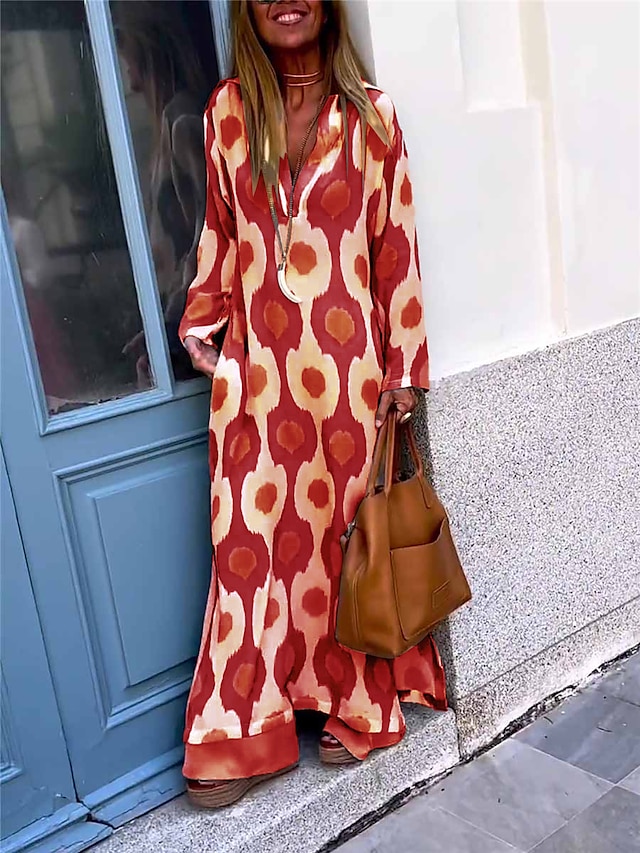 Women's Long Dress Maxi Dress Casual Dress Print Dress SpringDress Geometric Fashion Streetwear Outdoor Daily Date Split Print Long Sleeve V Neck Dress Regular Fit Black Red Green Summer Spring S M