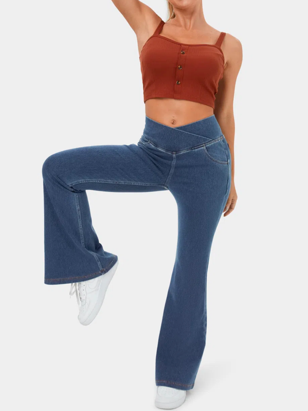 High Waisted Crossover Pocket Washed Stretchy Knit Denim Casual Super Flare Pants