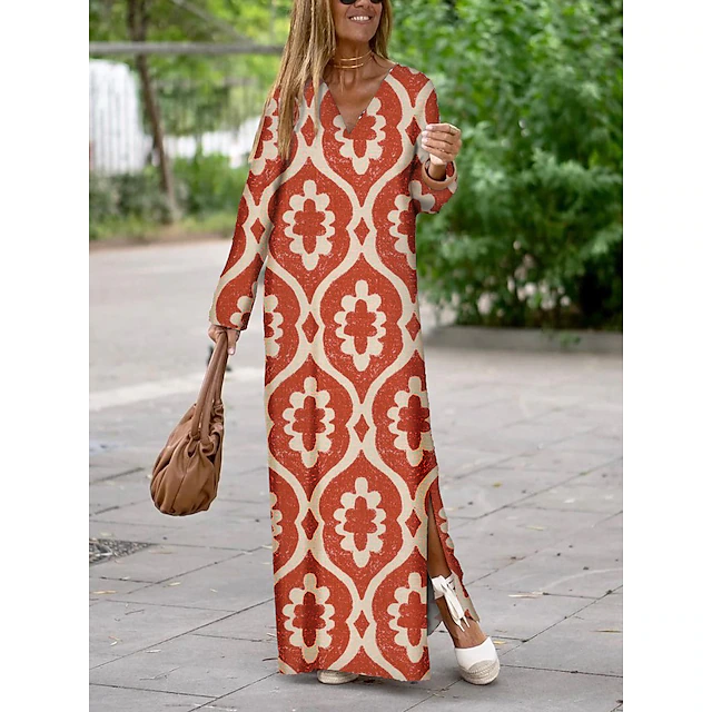 Women's Casual Dress Satin Dress Print Dress Long Dress Maxi Dress Streetwear Modern Geometric Split Print Outdoor Daily Holiday V Neck Long Sleeve Dress Regular Fit Yellow Wine Red Summer Spring