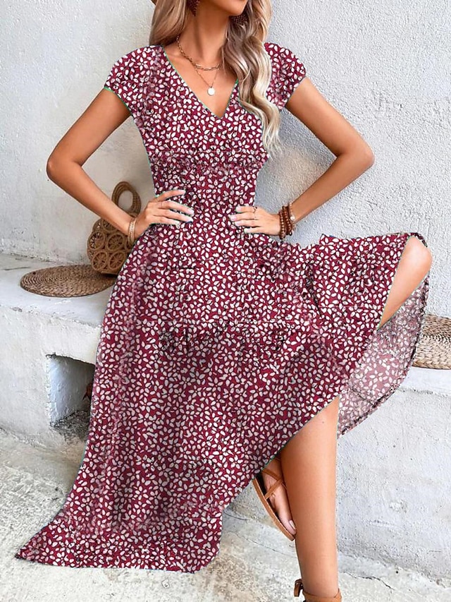 Women's Long Dress Maxi Dress Casual Dress Swing Dress A Line Dress Floral Fashion Streetwear Outdoor Daily Date Print Short Sleeve V Neck Dress Regular Fit Red Blue Green Summer Spring S M L XL XXL