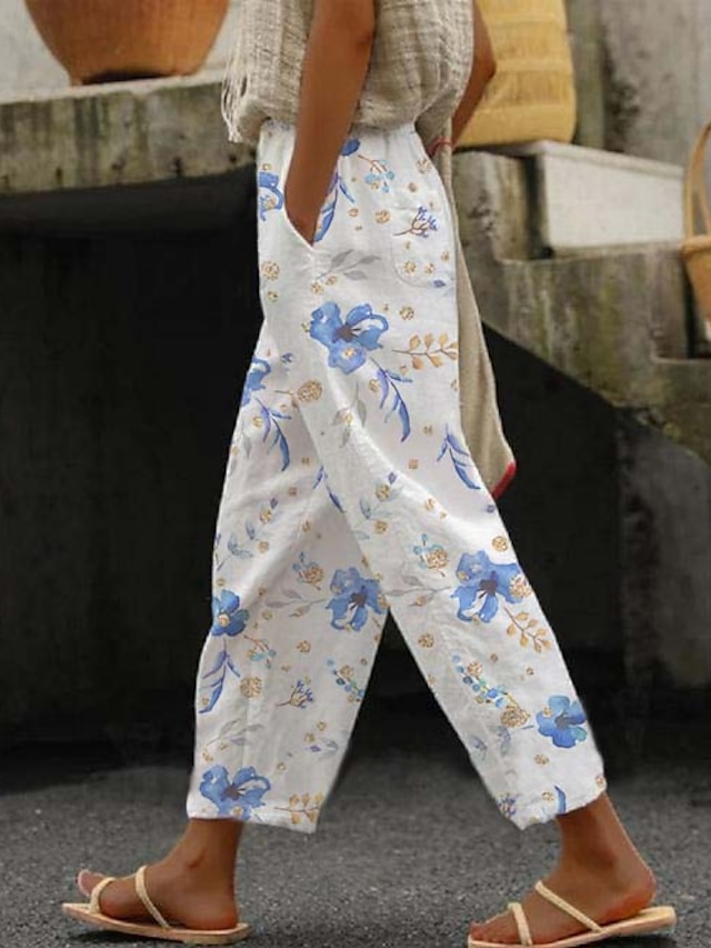 Women's Pants Trousers Faux Linen Blue Green Light Blue Casual Holiday Weekend Side Pockets Full Length Comfort Leaf