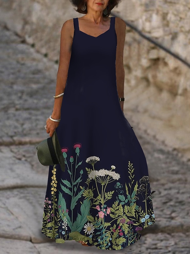 Women's Long Dress Maxi Dress Casual Dress A Line Dress Summer Dress Floral Fashion Streetwear Daily Date Going out Print Sleeveless Strap Dress Regular Fit Navy Blue Summer Spring S M L XL XXL