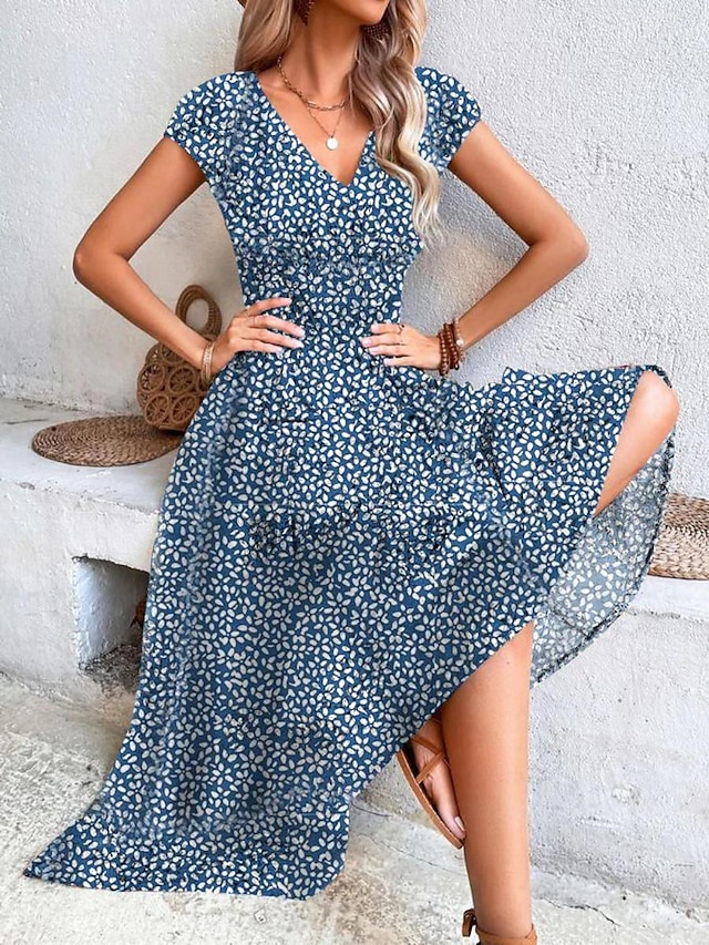 Women's Long Dress Maxi Dress Casual Dress Swing Dress A Line Dress Floral Fashion Streetwear Outdoor Daily Date Print Short Sleeve V Neck Dress Regular Fit Red Blue Green Summer Spring S M L XL XXL