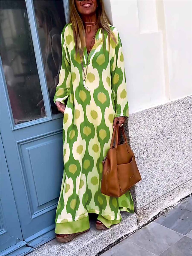 Women's Long Dress Maxi Dress Casual Dress Print Dress SpringDress Geometric Fashion Streetwear Outdoor Daily Date Split Print Long Sleeve V Neck Dress Regular Fit Black Red Green Summer Spring S M