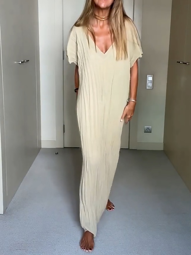 Women's Long Dress Maxi Dress Casual Dress Shift Dress Summer Dress Plain Fashion Modern Outdoor Daily Vacation Ruched Split Short Sleeve V Neck Dress Loose Fit Beige Summer Spring S M L XL XXL