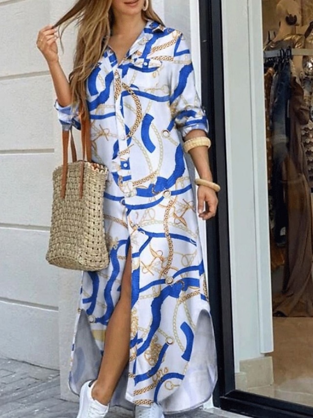 Women's Long Dress Maxi Dress Shirt Dress Casual Dress Shift Dress Graphic Fashion Classic Daily Holiday Vacation Patchwork Print Half Sleeve Shirt Collar Dress Regular Fit White Blue Summer Spring S