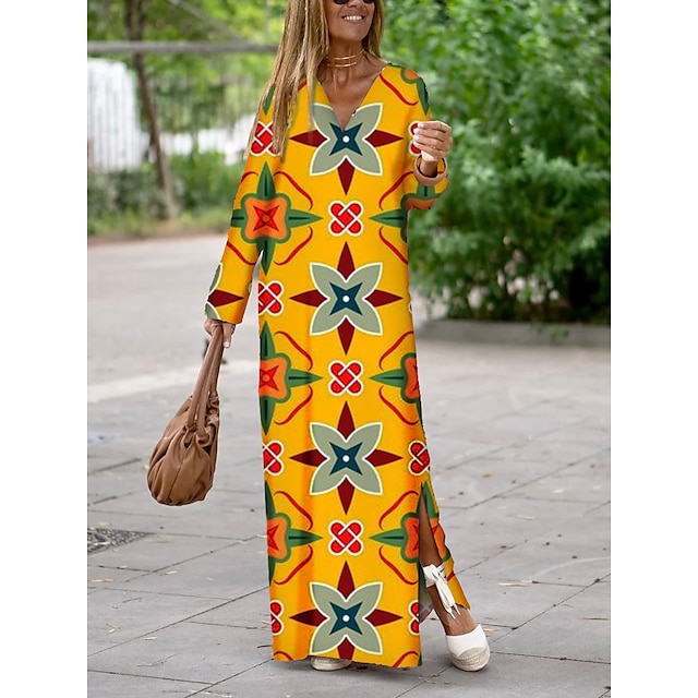 Women's Casual Dress Satin Dress Print Dress Long Dress Maxi Dress Streetwear Modern Geometric Split Print Outdoor Daily Holiday V Neck Long Sleeve Dress Regular Fit Yellow Wine Red Summer Spring