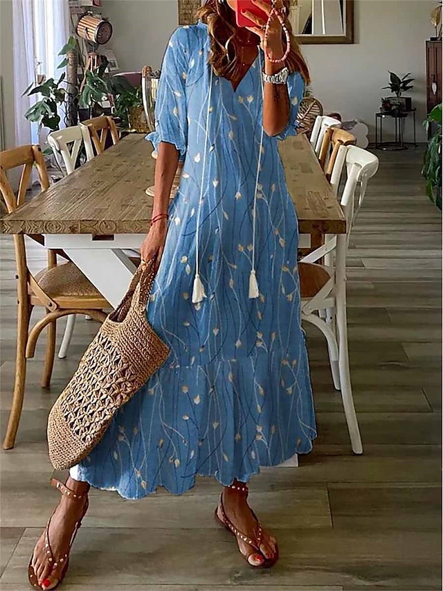 Women's Long Dress Maxi Dress Casual Dress A Line Dress Summer Dress Geometric Fashion Streetwear Outdoor Daily Vacation Tassel Fringe Ruffle Half Sleeve V Neck Dress Loose Fit Blue Summer Spring S M