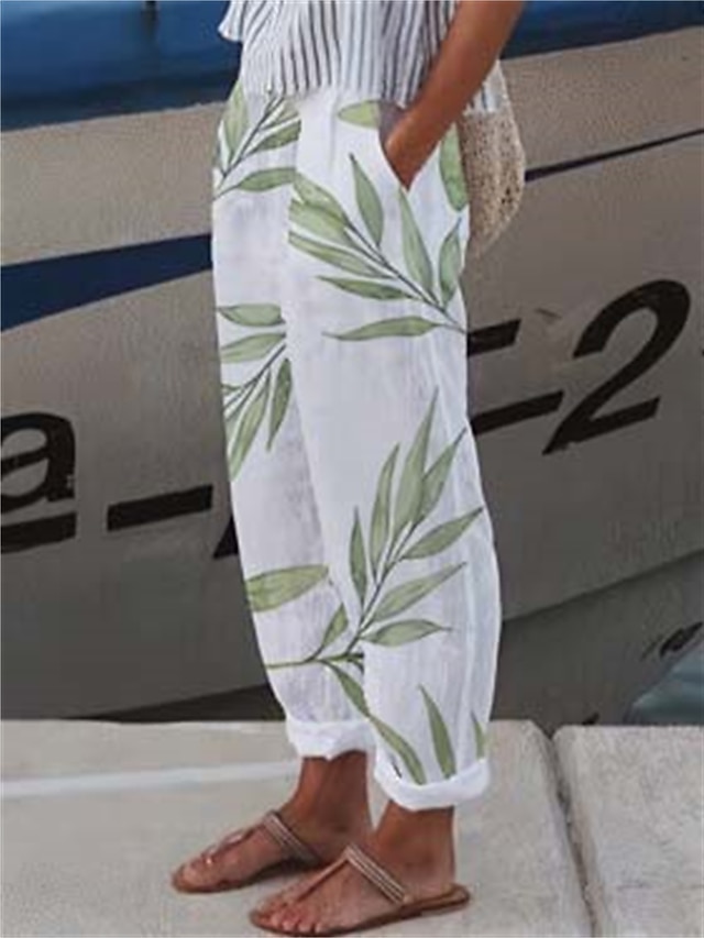 Women's Pants Trousers Faux Linen White Green Gray Casual Holiday Weekend Side Pockets Full Length Comfort Floral