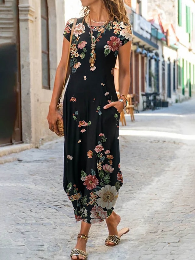 Women's Long Dress Maxi Dress Casual Dress Shift Dress Summer Dress Floral Fashion Streetwear Outdoor Daily Going out Pocket Split Short Sleeve Crew Neck Dress Regular Fit Black White Red Summer