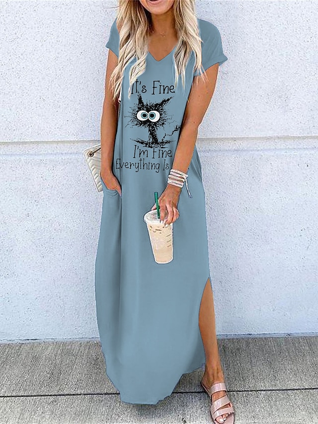 Women's Long Dress Maxi Dress Casual Dress Graphic Letter Classic Casual Home Vacation Weekend Split Short Sleeve V Neck Dress Loose Fit White Yellow Blue Summer S M L XL XXL