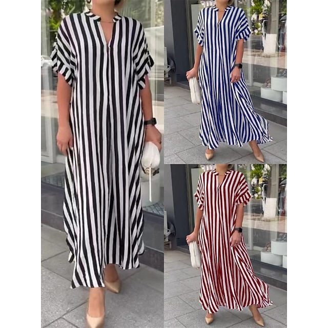 Women's Long Dress Maxi Dress Shirt Dress Casual Dress Swing Dress Striped Streetwear Casual Outdoor Vacation Going out Button Split Short Sleeve V Neck Dress Loose Fit Black Red Blue Summer Spring S