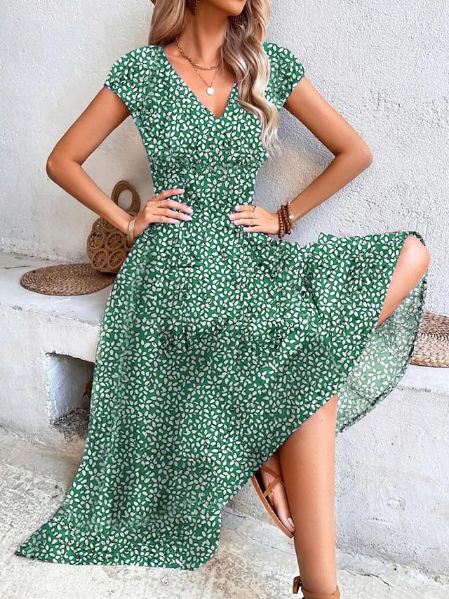 Women's Long Dress Maxi Dress Casual Dress Swing Dress A Line Dress Floral Fashion Streetwear Outdoor Daily Date Print Short Sleeve V Neck Dress Regular Fit Red Blue Green Summer Spring S M L XL XXL