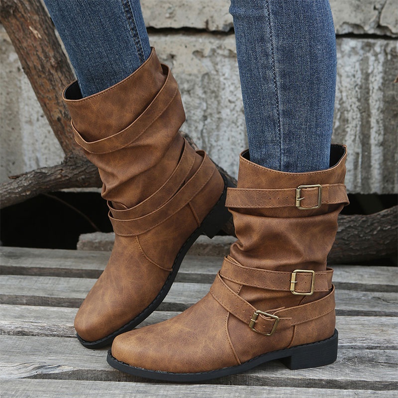 Plain Round Toe Outdoor Buckle Mid cut Flat Boots