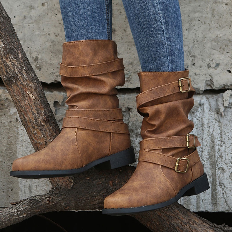 Plain Round Toe Outdoor Buckle Mid cut Flat Boots