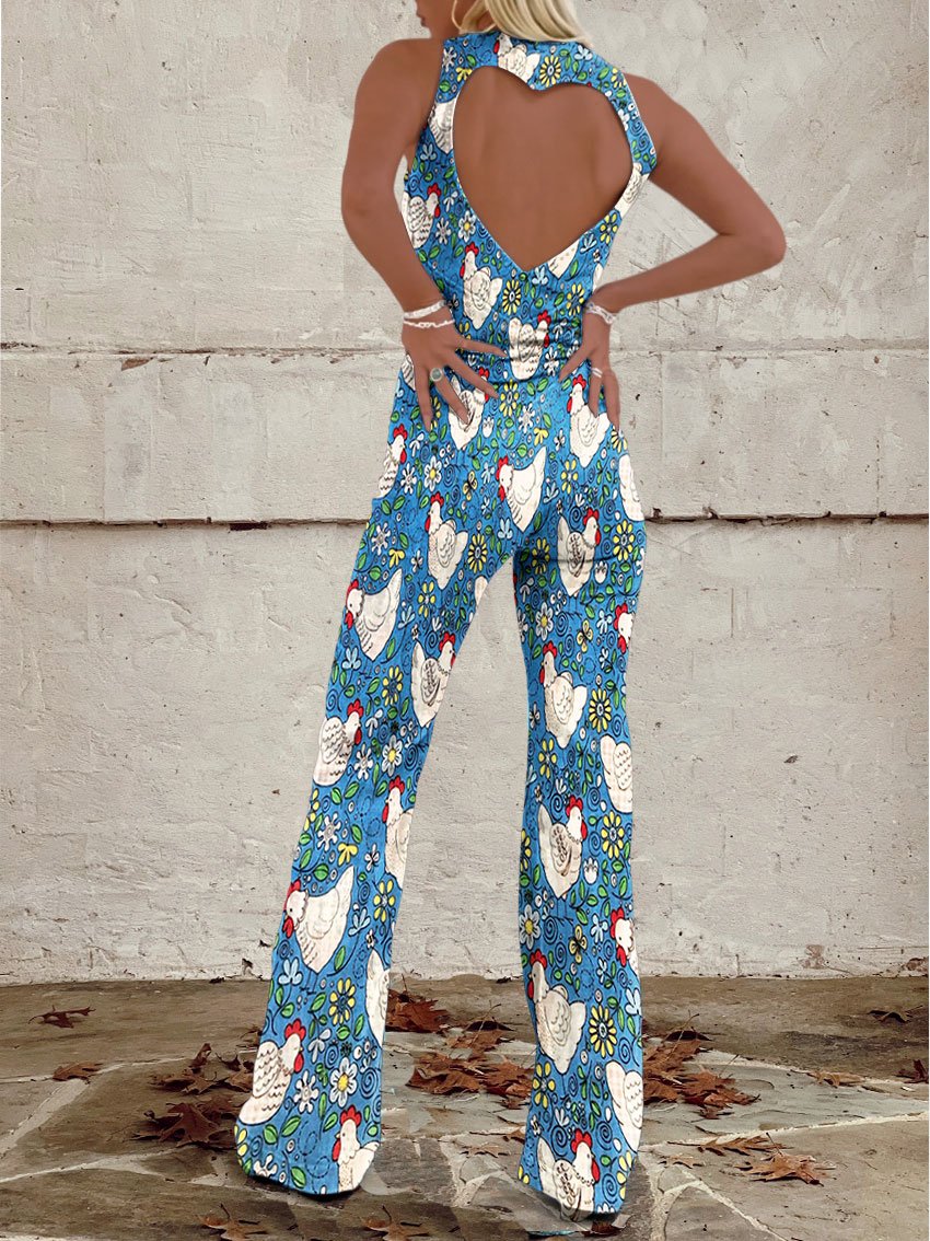 Women's Vintage Hen & Blooming Flowers Blue Floral Print Casual Denim Jumpsuit