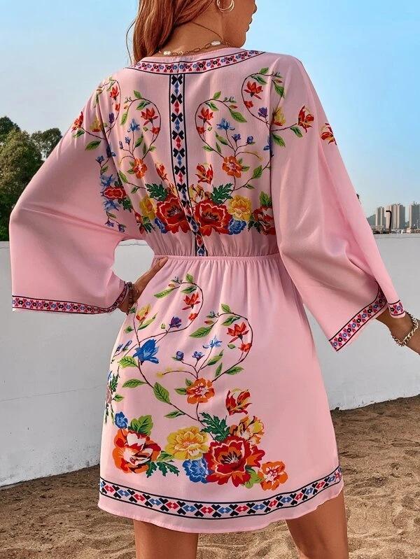 Women's Vintage Bohemian Ethnic Print Waist Short Dress