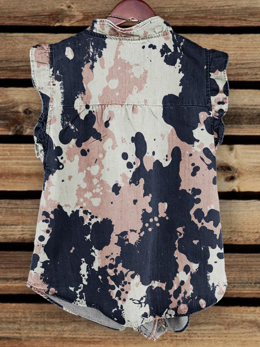Women's Pink, White and Blue Ink Sputtering Print Ruffle Front Tank Top