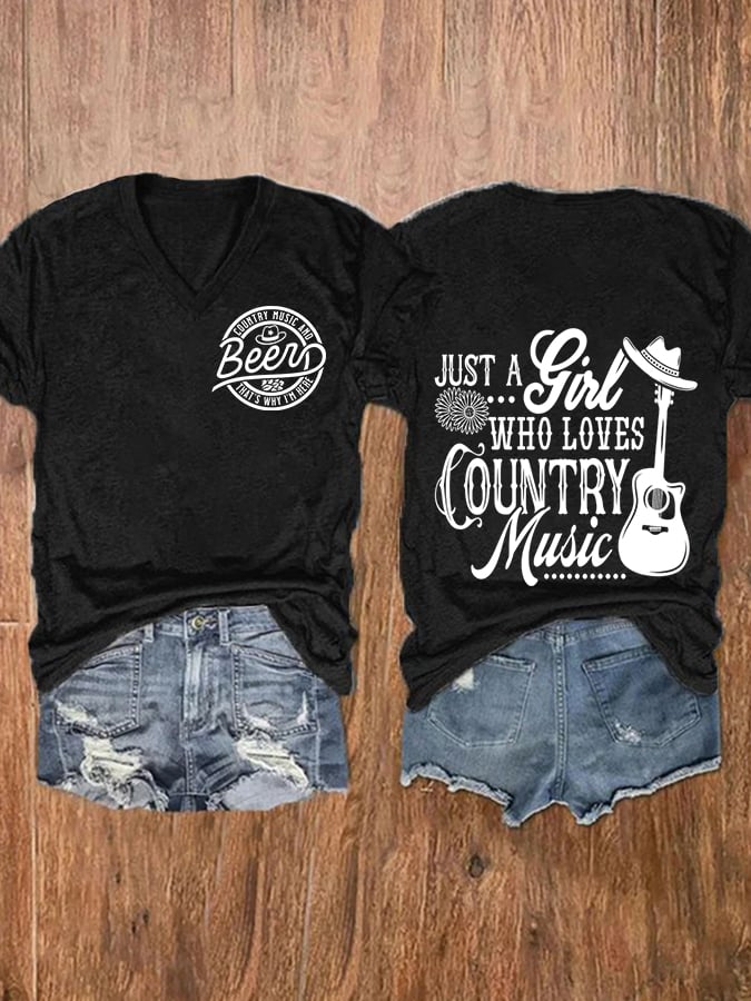 Women's Country Music and Beer Print V-Neck Casual T-Shirt
