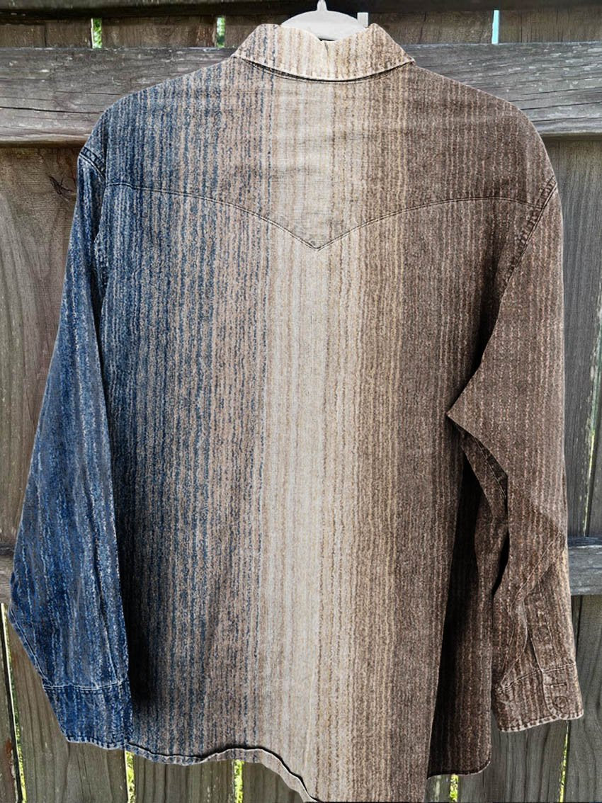 Men's Blue White Brown Gradient Vintage Stripe Print Casual Shirt