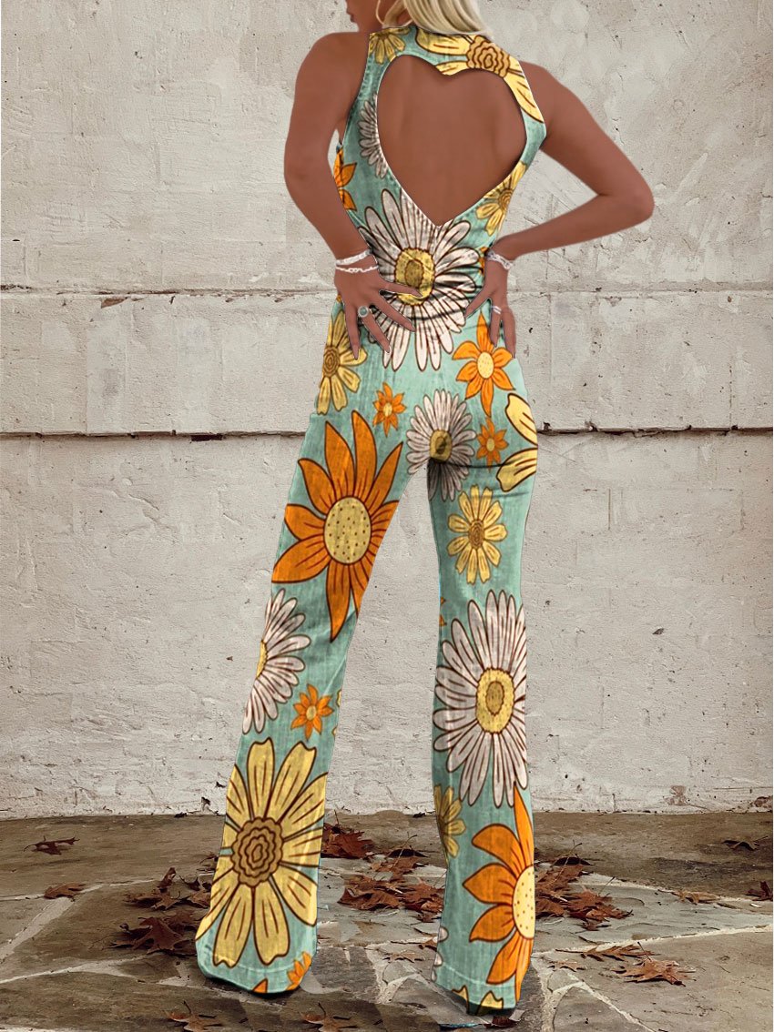 Women's Vintage Daisy Flowers Print Casual Denim Jumpsuit