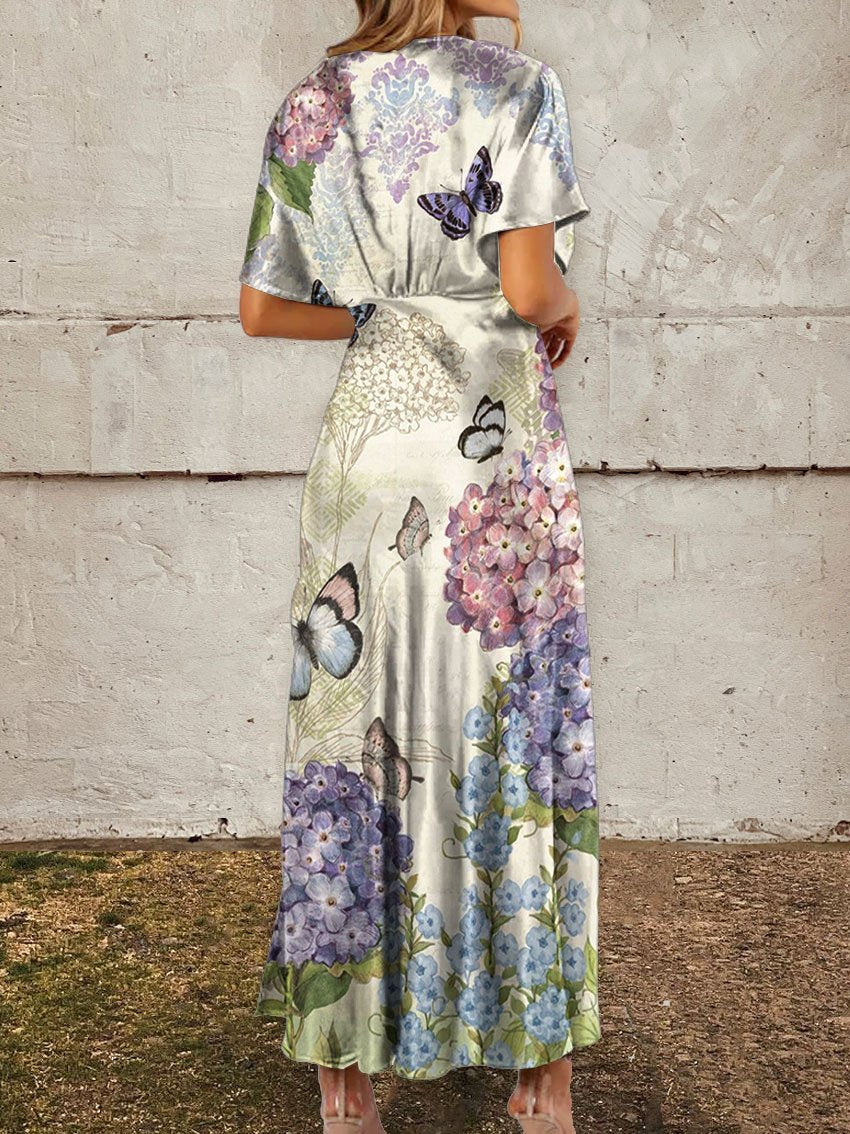 Women's Vintage Flower Butterfly Print Linen Pocket Tunic Dress