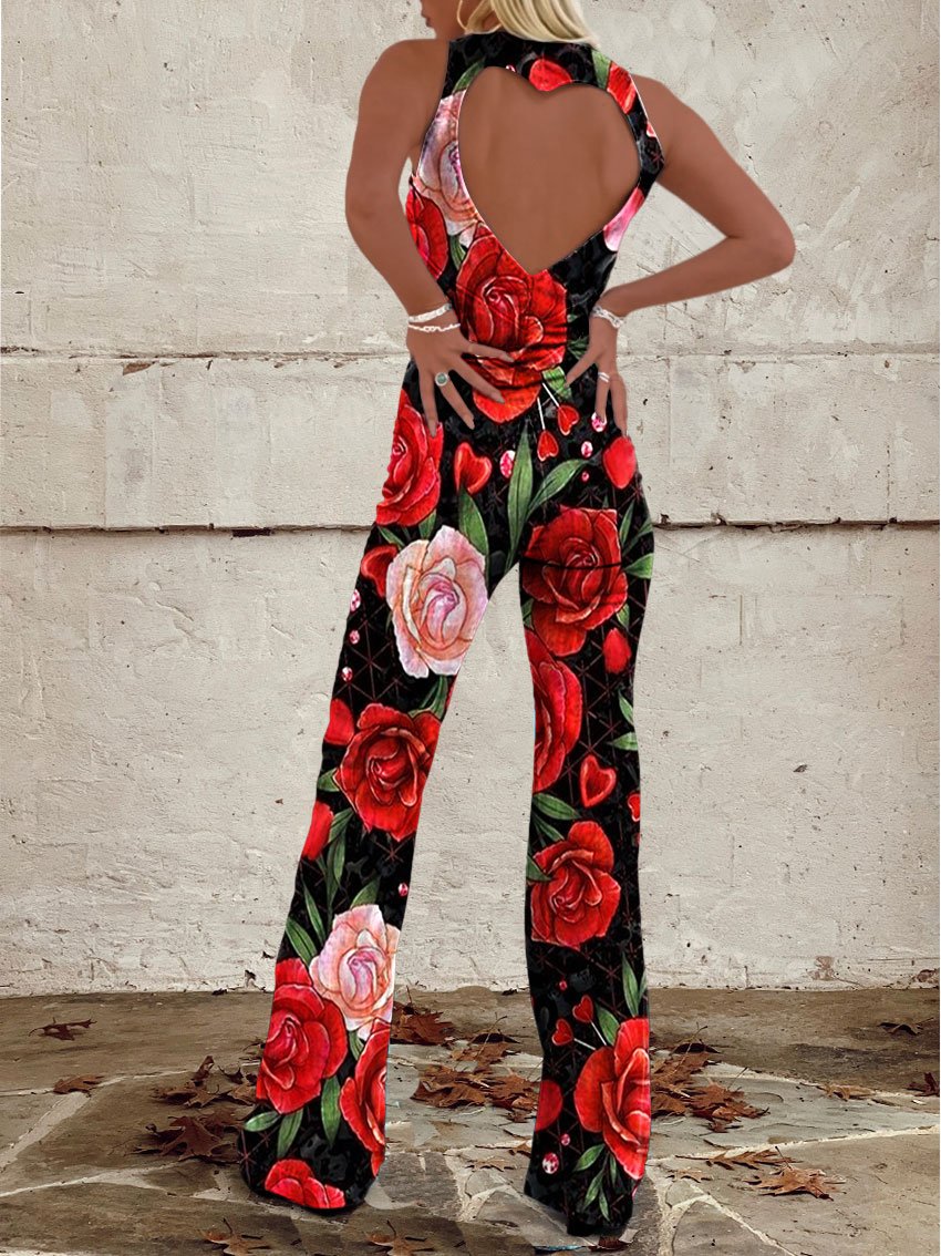 Women's Vintage Rose Flower Abstract Print Casual Denim Jumpsuit