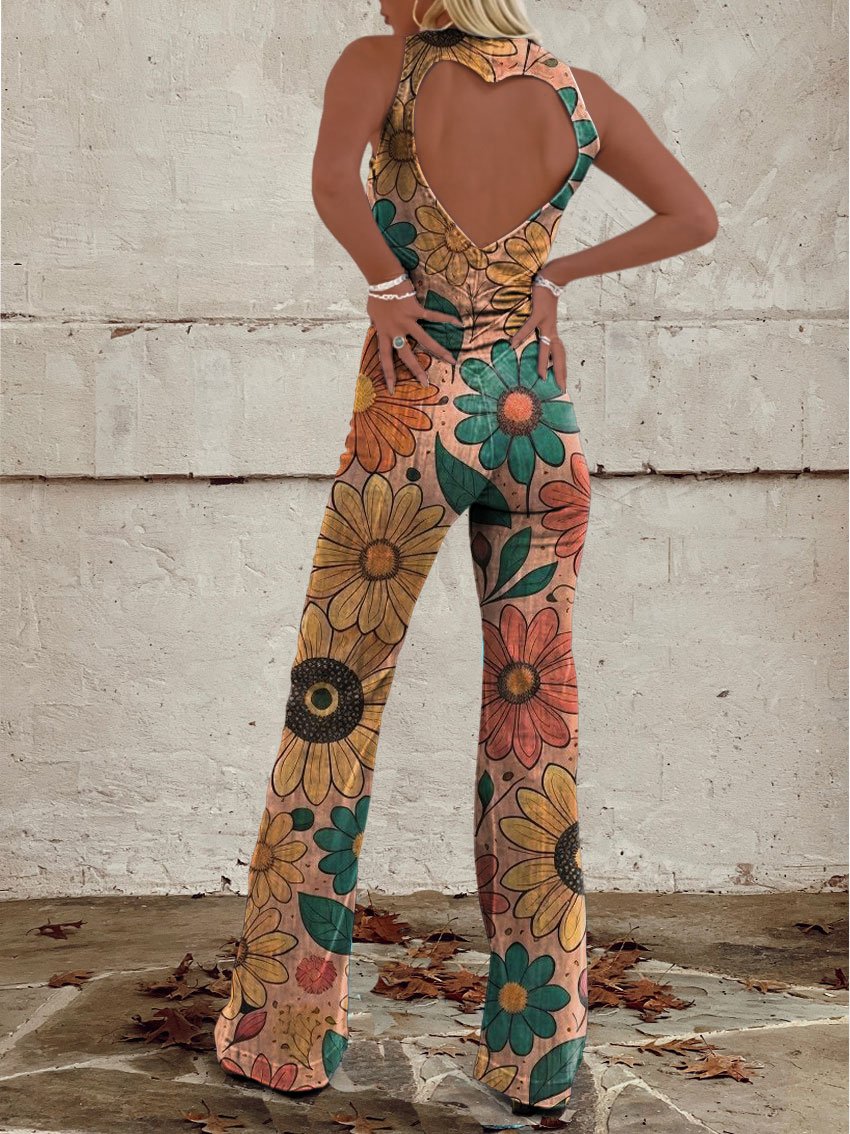 Women's Vintage Print Casual Denim Jumpsuit