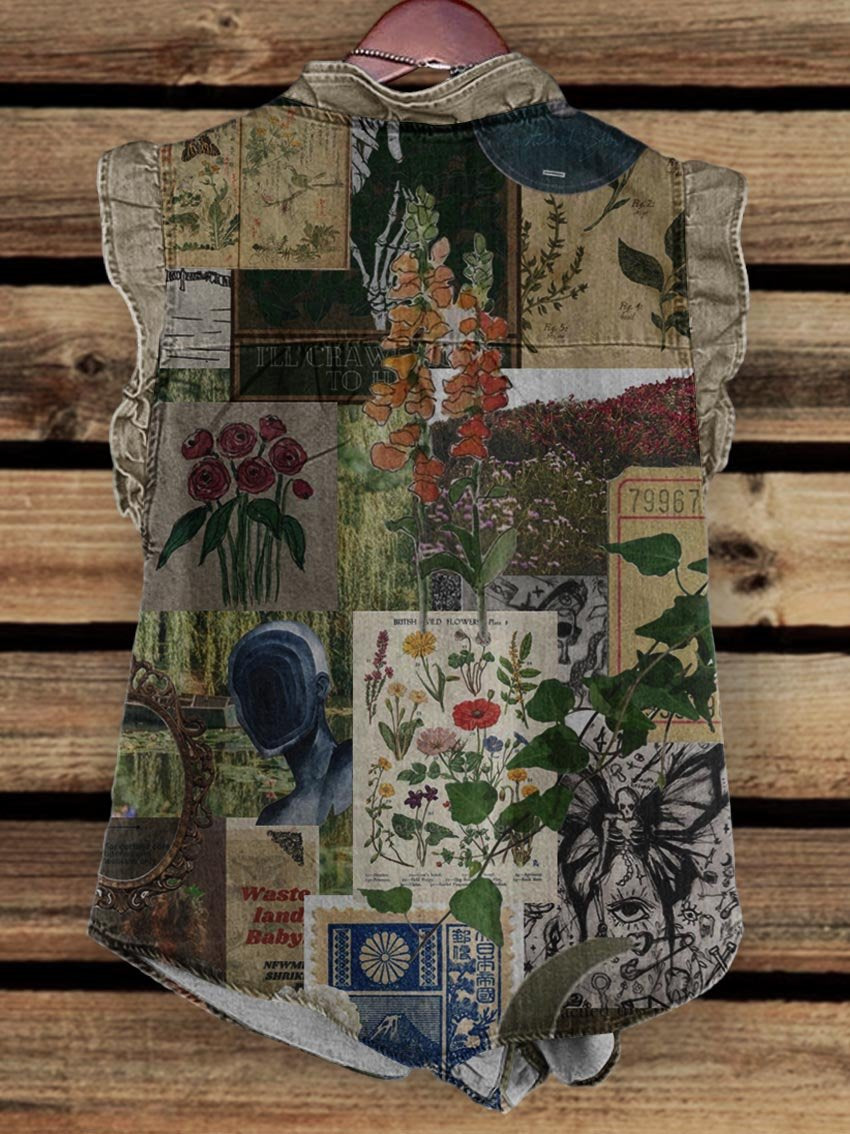Women's Patchwork Vintage Hippie Style Flower Garden Print Ruffle Front Tank Top