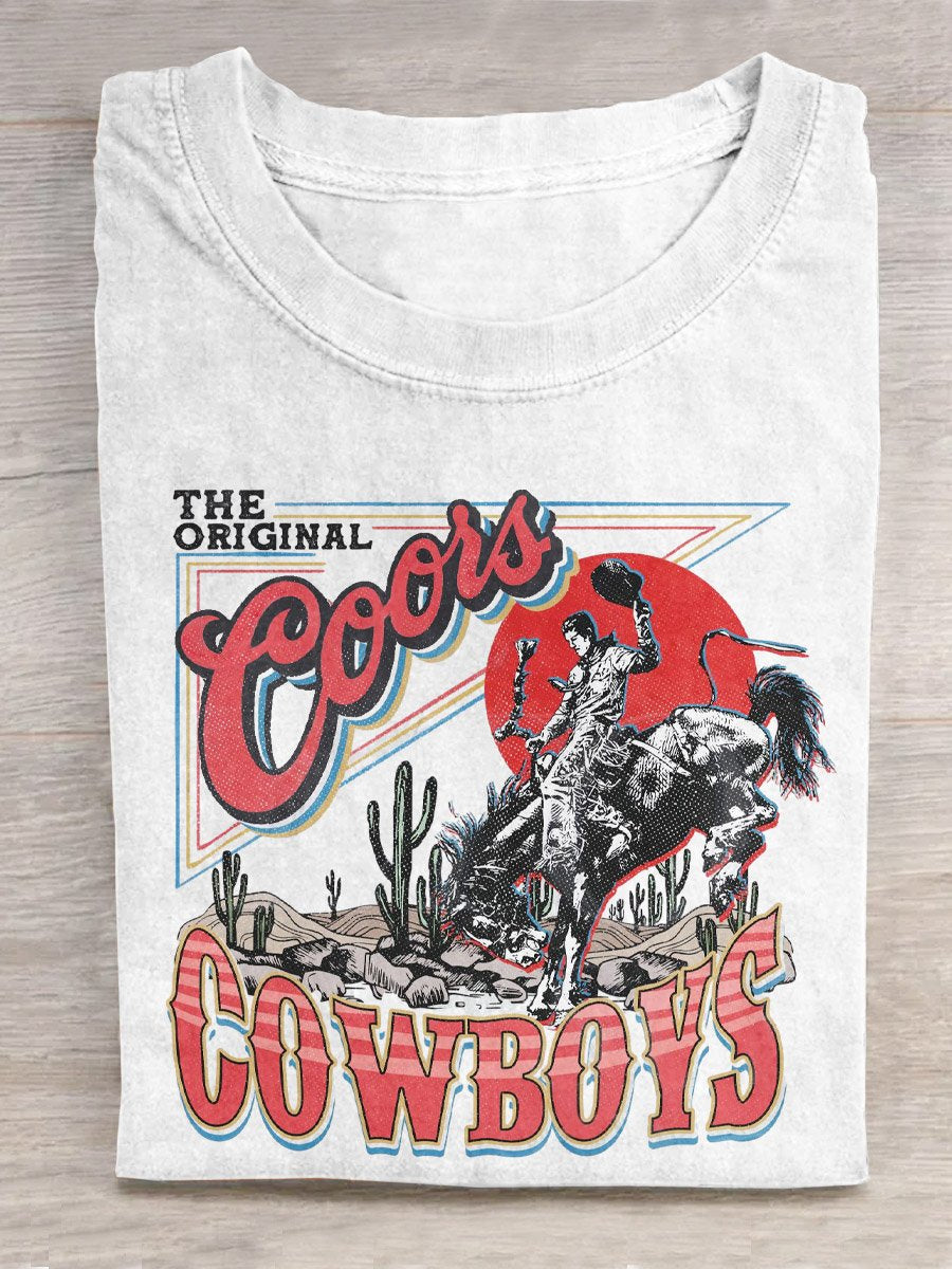 Vintage Coors Western Cowboy Art Print Casual T-shirt
