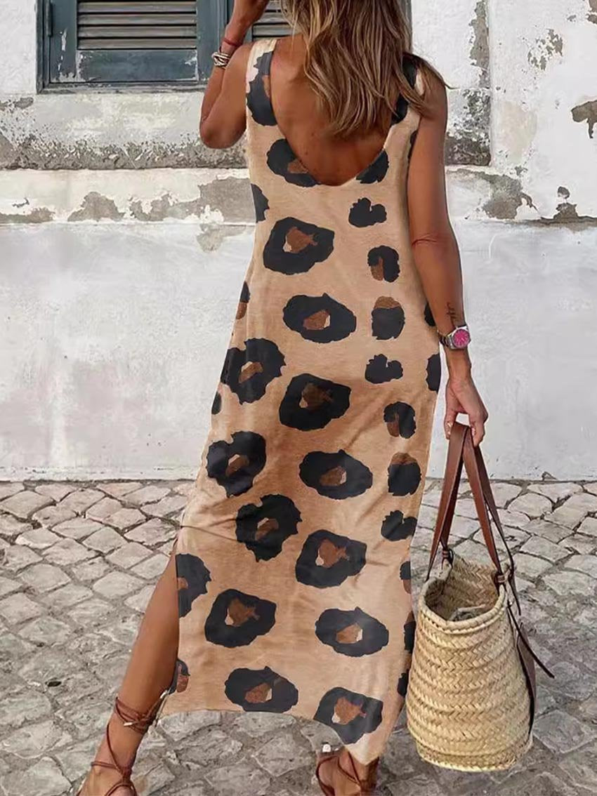 Women's Leopard-print Sleeveless Dress with Slit, Halter and Full-length Vest