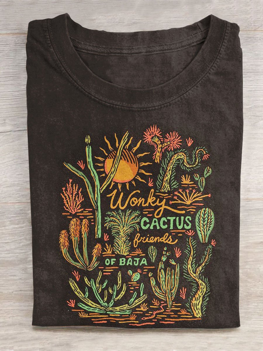 Retro Western Cactus Art Print Casual T-shirt
